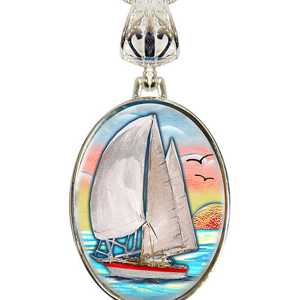 Sailboat Silver Plated Mother of Pearl Jewelry Pendant Necklace Coastal - 44043-0