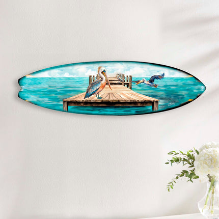 Pelican on the Pier Surfboard Coastal Wall Art by G. DeBrekht - Coastal Holiday Decor - 8490127HS-4