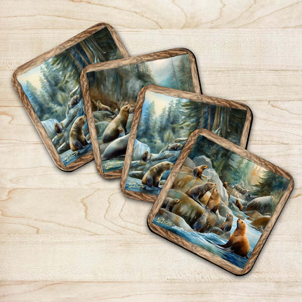 Coastal Sea Lions Wooden Cork Coasters Gift Set of 4 by Nature Wonders Nature Wildlife Decor  - 95386C-S4-1