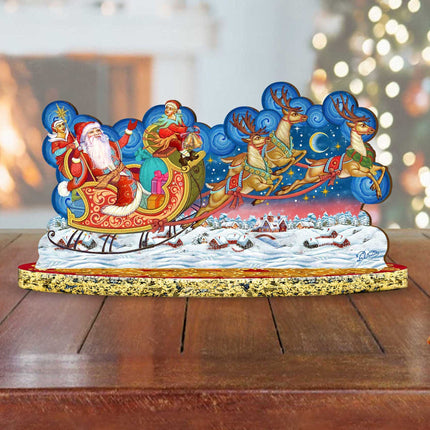 Santa Sleigh Ride with Reindeer Wooden Decor Tabletop Centerpiece by G DeBrekht - Christmas Snowman Decor - 89312-3