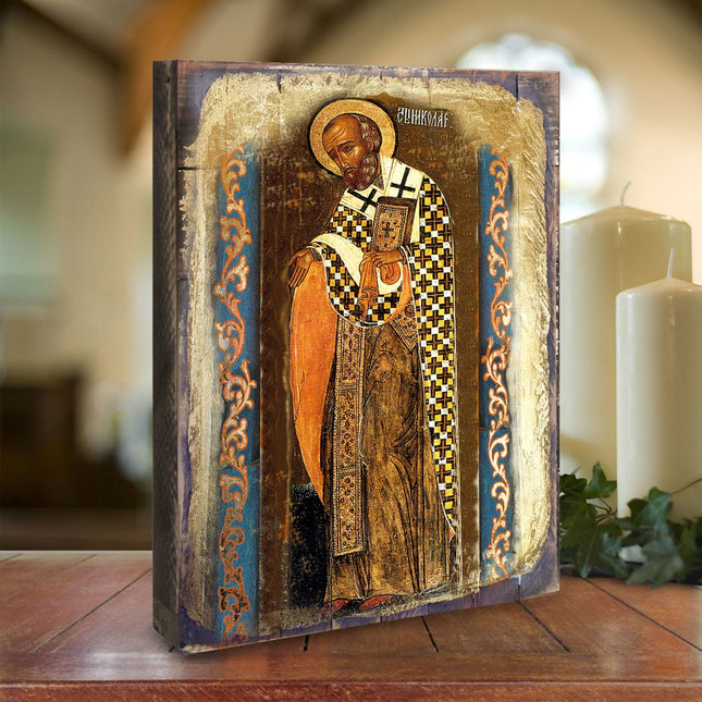 Saint Nicholas Wooden Gold Plated Religious Orthodox Sacred Icon - Inspirational Icon Decor - 85033-0