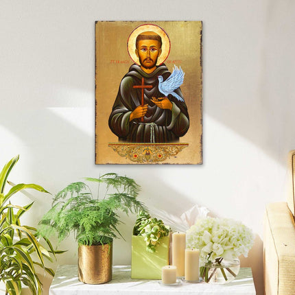 Saint Francis Wooden Gold Plated Religious Christian Sacred Icon - Inspirational Icon Decor - 85024-2