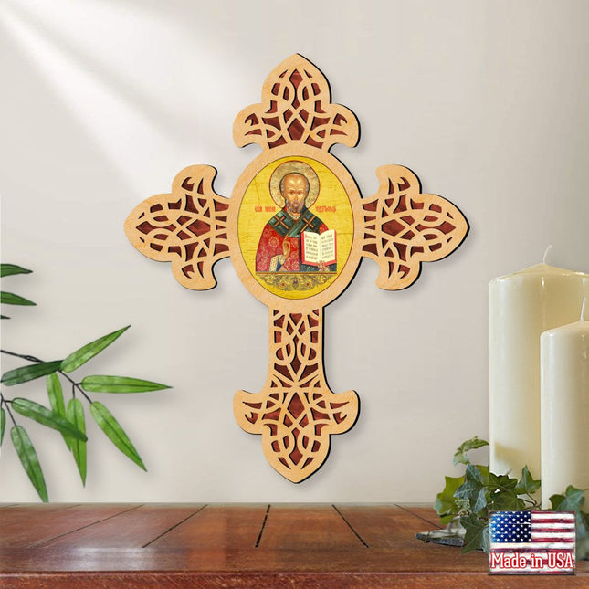 Saint Nicholas Pointy Wooden Cross by Museum Icons - Inspirational Icon Decor - 88321-0