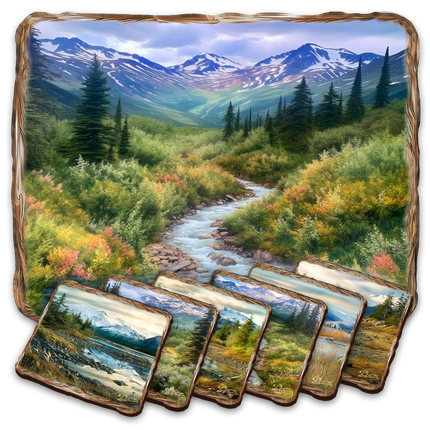 Mountain River Wooden Cork Placemat and Coasters Gift Set of 7 by Nature Wonders Nature Wildlife Decor  - 85407C-S7-0
