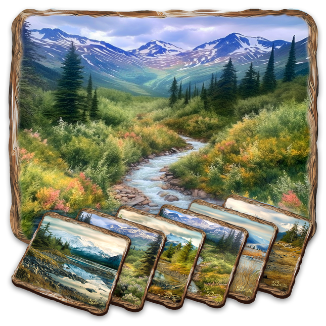 Mountain River Wooden Cork Placemat and Coasters Gift Set of 7 by Nature Wonders Nature Wildlife Decor  - 85407C-S7-0
