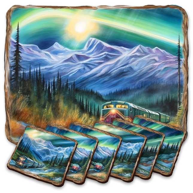 Northern Lights Wooden Cork Placemat and Coasters Gift Set of 7 by Nature Wonders Nature Wildlife Decor  - 85411C-S7-0