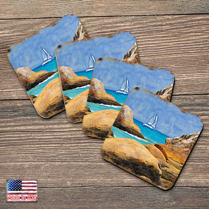 Sailboat Coastal Wooden Cork Coasters Gift Set of 4 by Nature Wonders - 95274C-S4-0
