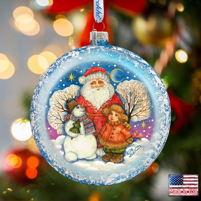 Snow Fun Santa Glass Ornament by G. DeBrekht - Christmas Santa Snowman Decor - 744-039-0
