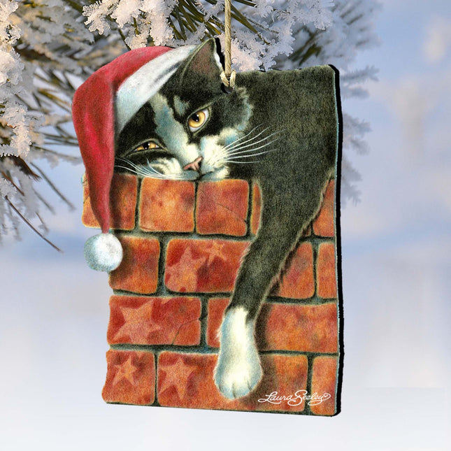 Peeking Tom Santa Cat Wooden Ornaments - Tree Ornament by Laura Seeley - Pets Dog and Cats Decor - 8512062-LS-0