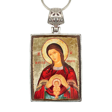 Blessed Virgin Mary Lifegiving Religious Jewelry Silver Plated Necklace, Gold-Plated Wooden Cabochon - Christian Icon - Inspirational Icon Decor - 43017R-0
