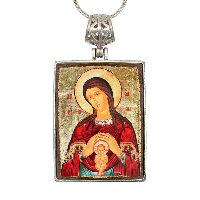 Blessed Virgin Mary Lifegiving Religious Jewelry Silver Plated Necklace, Gold-Plated Wooden Cabochon - Christian Icon - Inspirational Icon Decor - 43017R-0