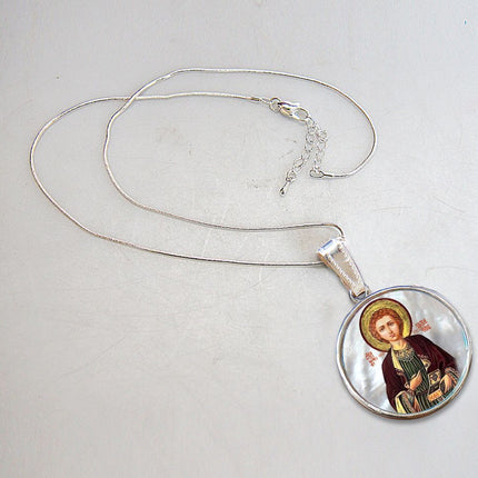 Saint Panteleimon Silver Plated Mother of Pearl Necklace - 43023-2