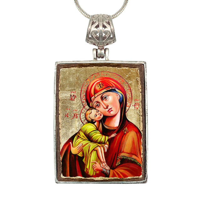 Virgin Mary Religious Jewelry Silver Plated Necklace, Gold-Plated Wooden Cabochon - Orthodox Sacred Icon - Inspirational Icon Decor - 43011R-0