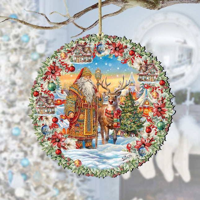 Santa's Magical Cottage Wreath Wooden Ornaments by G. Debrekht Christmas Santa Snowman Decor - 8611066-0