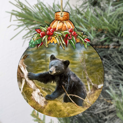 Black Bear Cubs in Alaskan Woods Wooden Ornaments by G.Debrekht - Wildlife Holiday Decor - 870038-1