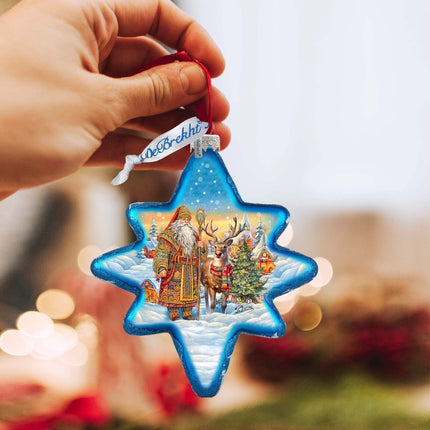 Santa with Reindeer Star Glass Ornament by G. Debrekht - Christmas Santa Snowman Decor - 755-050-2