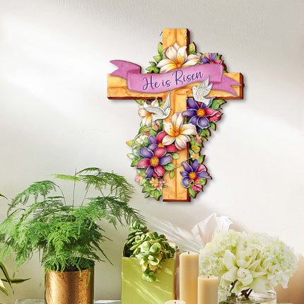 He is Risen Wooden Cross by G. Debrekht - Easter Spring Decor - 88162-1