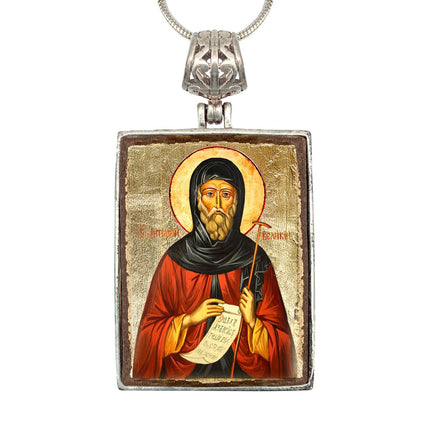 Saint Antoni Religious Jewelry Silver Plated Necklace, Gold-Plated Wooden Cabochon - Christian Sacred Icon - Inspirational Icon Decor - 43062R-0