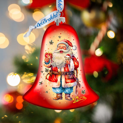 Santa Claus Spreading Christmas Happiness Bell Glass Ornament by G. Debrekht - Christmas Santa Snowman Decor - 752-042-1