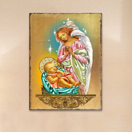 Blessing Angel with Child Wooden Gold Plated Religious Christian Sacred Icon - Inspirational Icon Decor - 85028-0