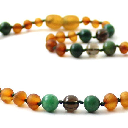 Amber Cognac Unpolished, Jade and Quartz Necklace-3