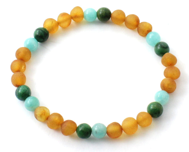 Baltic Amber Raw Honey Stretch Bracelet With Green African Jade and Amazonite-0