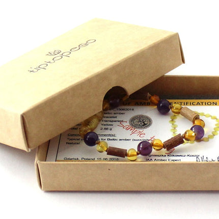 Honey Amber Anklet with Hazelwood and Amethyst-1