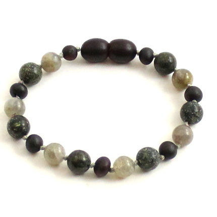 Amber Cherry Knotted Bracelet With Gray Labradorite and Green Lace Stone-0
