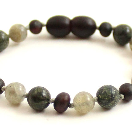 Amber Cherry Knotted Bracelet With Gray Labradorite and Green Lace Stone-4