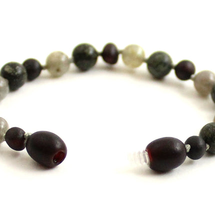 Amber Cherry Knotted Bracelet With Gray Labradorite and Green Lace Stone-3