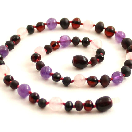 Cherry Raw Amber, Rose Quartz and Amethyst Necklace-0