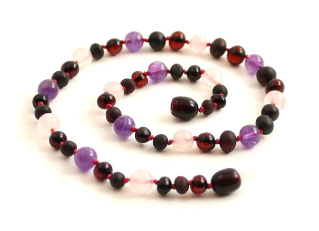 Cherry Raw Amber, Rose Quartz and Amethyst Necklace-0