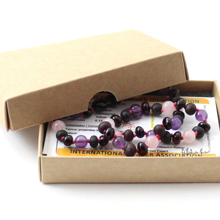 Cherry Raw Amber, Rose Quartz and Amethyst Necklace-1