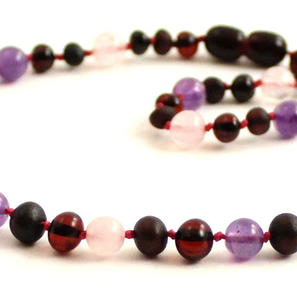 Cherry Raw Amber, Rose Quartz and Amethyst Necklace-3