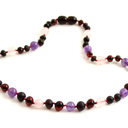 Cherry Raw Amber, Rose Quartz and Amethyst Necklace-2