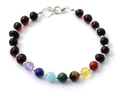 Amber Cherry Adult Bracelet With Silver and Chakra Gems-0