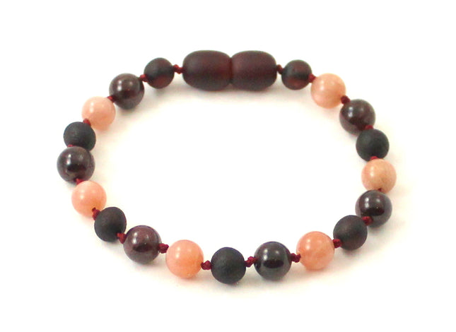 Amber Cherry Black Anklet With Garnet and Pink Sunstone-0