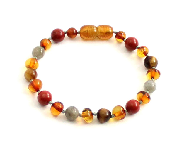 Amber Cognac Knotted Bracelet With Red Jasper and Gems-0