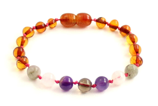 Amber Cognac Anklet Bracelet With Quartz and Gemstones-0