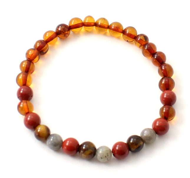 Amber Cognac Adult Stretch Bracelet With Red Jasper and Gemstones-0