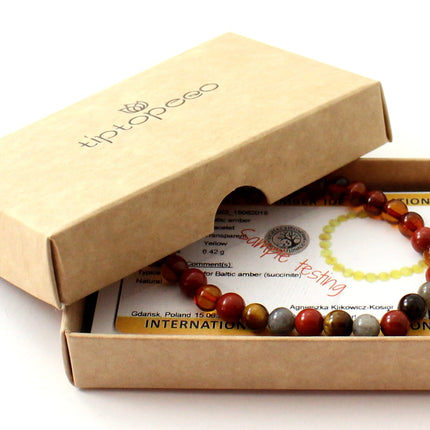 Amber Cognac Adult Stretch Bracelet With Red Jasper and Gemstones-1