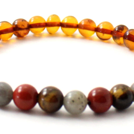 Amber Cognac Adult Stretch Bracelet With Red Jasper and Gemstones-3