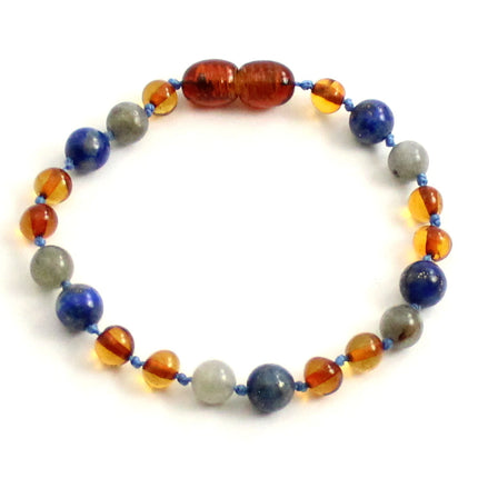 Amber Cognac Baltic Bracelet With Lapis Lazuli and Gray Labradorite-0