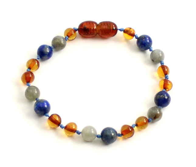 Amber Cognac Baltic Bracelet With Lapis Lazuli and Gray Labradorite-0