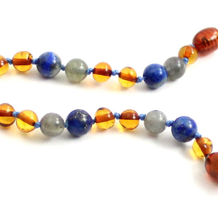 Amber Cognac Baltic Bracelet With Lapis Lazuli and Gray Labradorite-2
