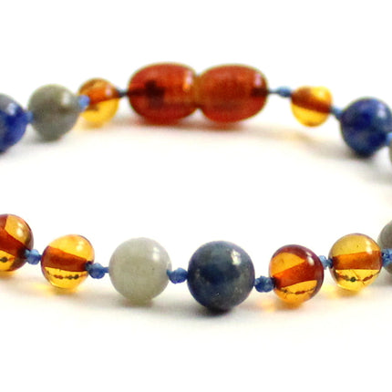 Amber Cognac Baltic Bracelet With Lapis Lazuli and Gray Labradorite-4