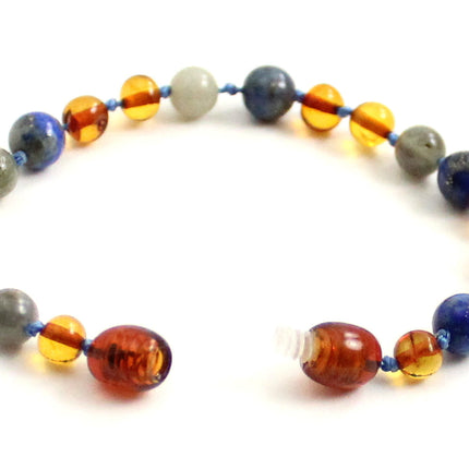 Amber Cognac Baltic Bracelet With Lapis Lazuli and Gray Labradorite-3