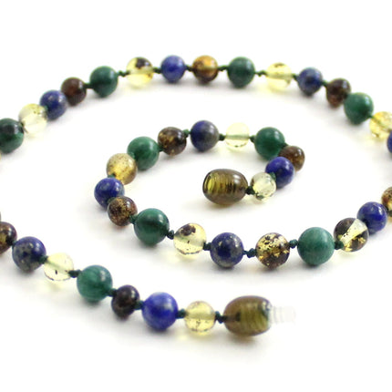 Amber Polished Green, Lapis Lazuli and Jade Necklace-0