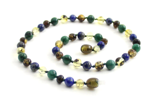 Amber Polished Green, Lapis Lazuli and Jade Necklace-0