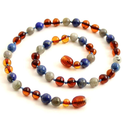 Amber Cognac Polished, Labradorite and Lapis Lazuli Necklace-0